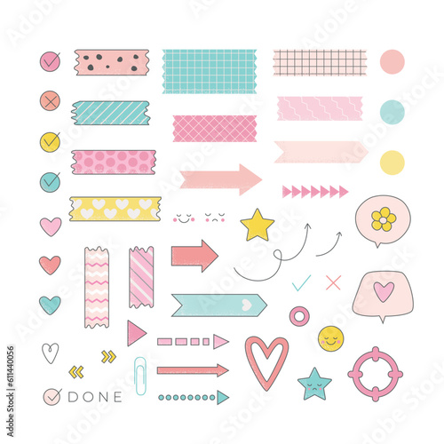 Set of paper washi tapes, pointers, cute elements for planner, notebook