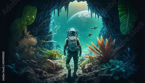 HD Walllpaper of an astronaut exploring the surface of an alien planet, with exotic plants and strange creatures