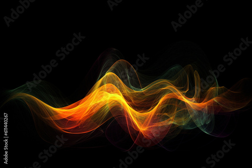 An image of an abstract neon wave shape with vibrant yellow and orange colors on a clean black background.