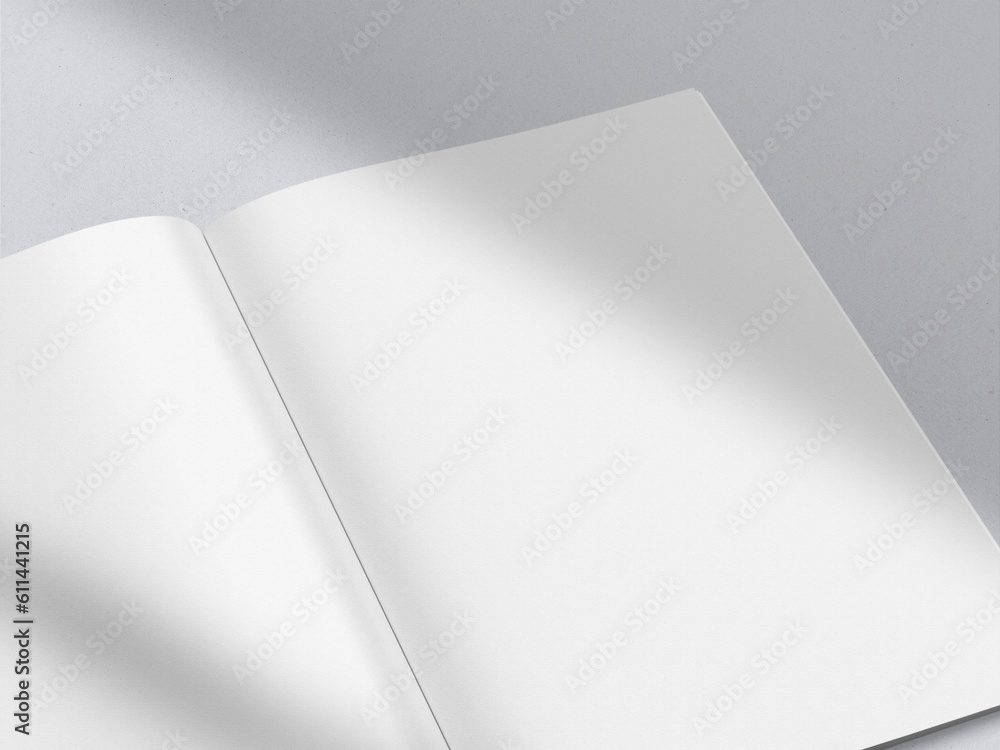 Realistic top view cover and opened portrait A4 or A5 magazine or brochure booklet for stationery and branding. Mockup template isolated light grey background and leaf shadow overlay. 3D rendering. Realistic top view cover and opened portrait A4 or A5 magazine or brochure booklet for stationery and branding. Mockup template isolated light grey background and leaf shadow overlay. 3D rendering.