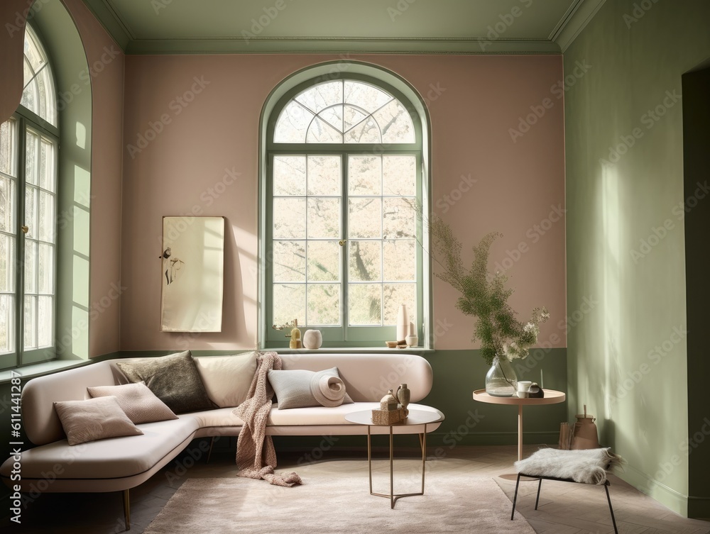 Fototapeta premium Pink and green cottage style interior room. Generative AI