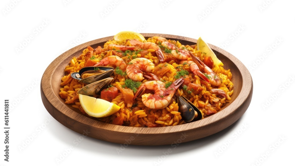 A plate of seafood paella with saffron and chorizo on White Background with copy space for your text created with generative AI technology A plate of seafood paella with saffron and chorizo on White Background with copy space for your text created with generative AI technology