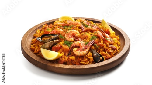 A plate of seafood paella with saffron and chorizo on White Background with copy space for your text created with generative AI technology