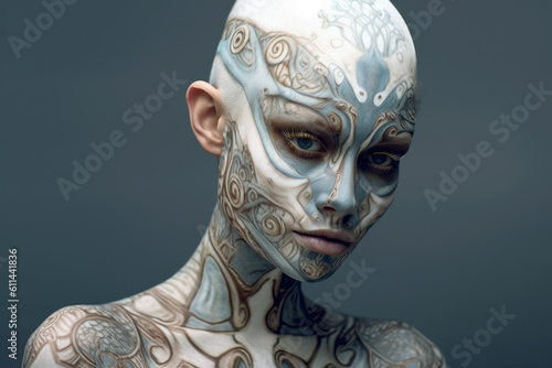 Colorful artistic portrait of a young beautiful woman with makeup  face art and tattoo on gray background  AI Generated