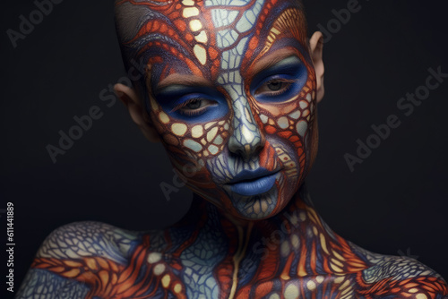 Colorful artistic portrait of a young beautiful woman with makeup, face art and tattoo on black background, AI Generated