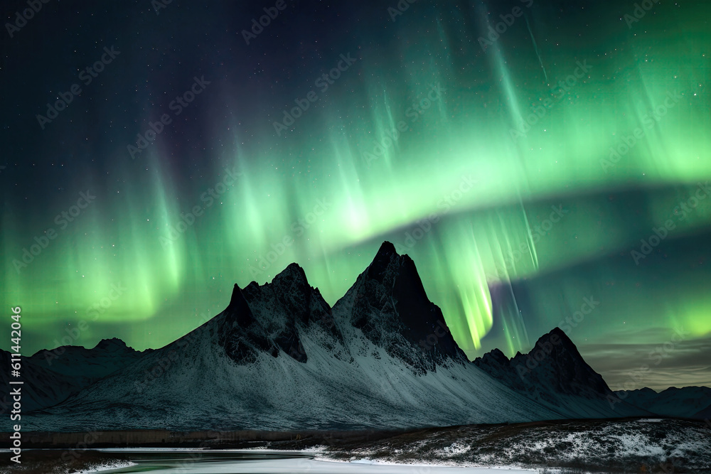 Aurora borealis northern lights over mountains landscape. 