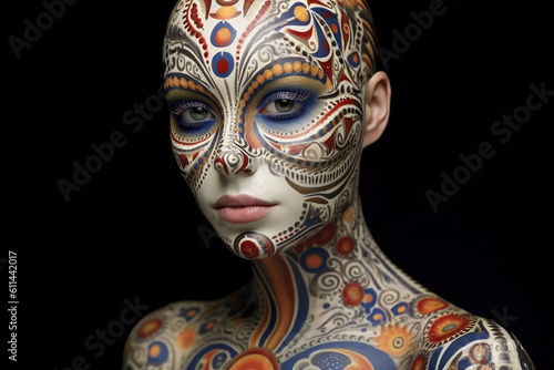 Colorful artistic portrait of a young beautiful woman with makeup, face art and tattoo on black background, AI Generated