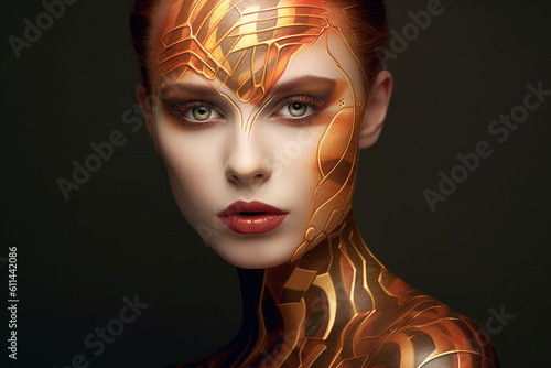Colorful artistic portrait of a young beautiful woman with makeup  face art and tattoo on black background  AI Generated