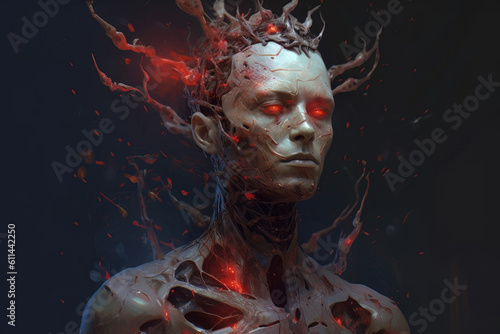 Devil, demon, damn, cyborg, artistic portrait on black background, AI Generated