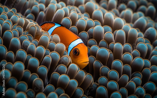 Clown fish hiding in coral. Generative AI technology. photo