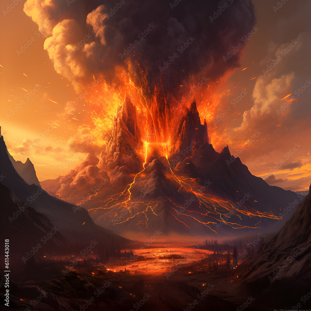 Volcano eruption. Illustration. Ai generation.