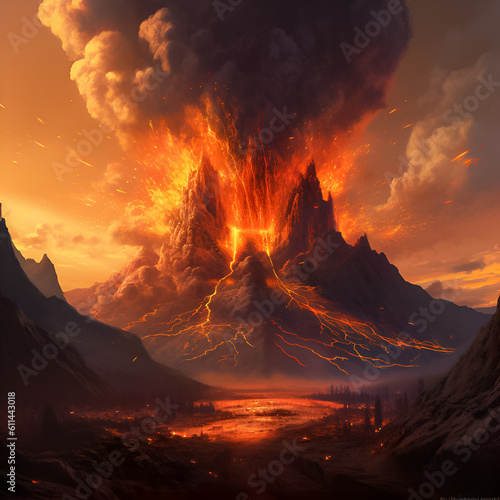 Volcano eruption. Illustration. Ai generation.
