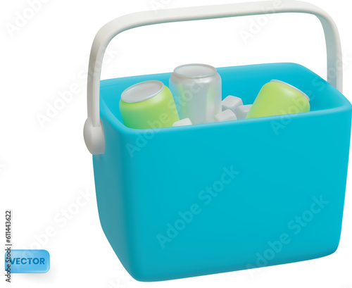 Open portable cooler box with soda cans for beach, camping or picnic. Isolated vector icon from 3d rendering. Modern, minimalistic style.
