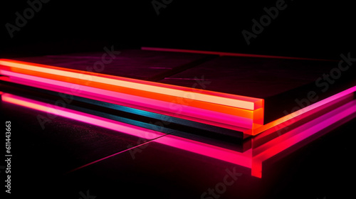 An image of a minimalist neon rectangle with vibrant pink and orange colors against a clean black background.