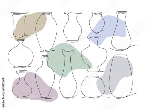 vases set. Antique and modern tableware, ceramic bottle, museum exhibit, Greek art. line art. vector drawing. on a white background. color fill.
