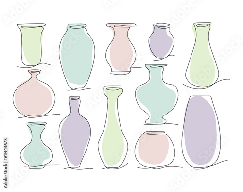 vases set. Antique and modern tableware  ceramic bottle  museum exhibit  Greek art. line art. vector drawing. on a white background. color fill.