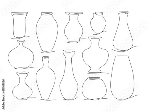 vases set. Antique and modern tableware, ceramic bottle, museum exhibit, Greek art. line art. vector drawing. on a white background. 