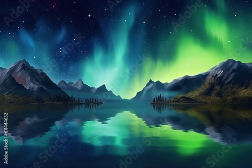 northern lights in night starry sky against background of mountains and lakes. Generative AI illustration