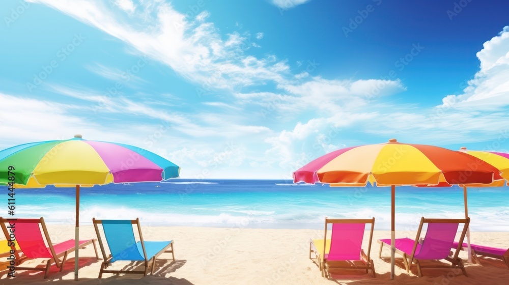 beach with umbrella and chairs HD 8K wallpaper Stock Photographic Image