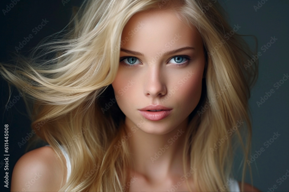 Beautiful young blonde woman with shiny hair. Hair advertisement. AI generated Beautiful young blonde woman with shiny hair. Hair advertisement. AI generated