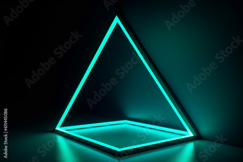 An image of a minimalist neon trapezoid with bright teal and cyan tones against a clean navy