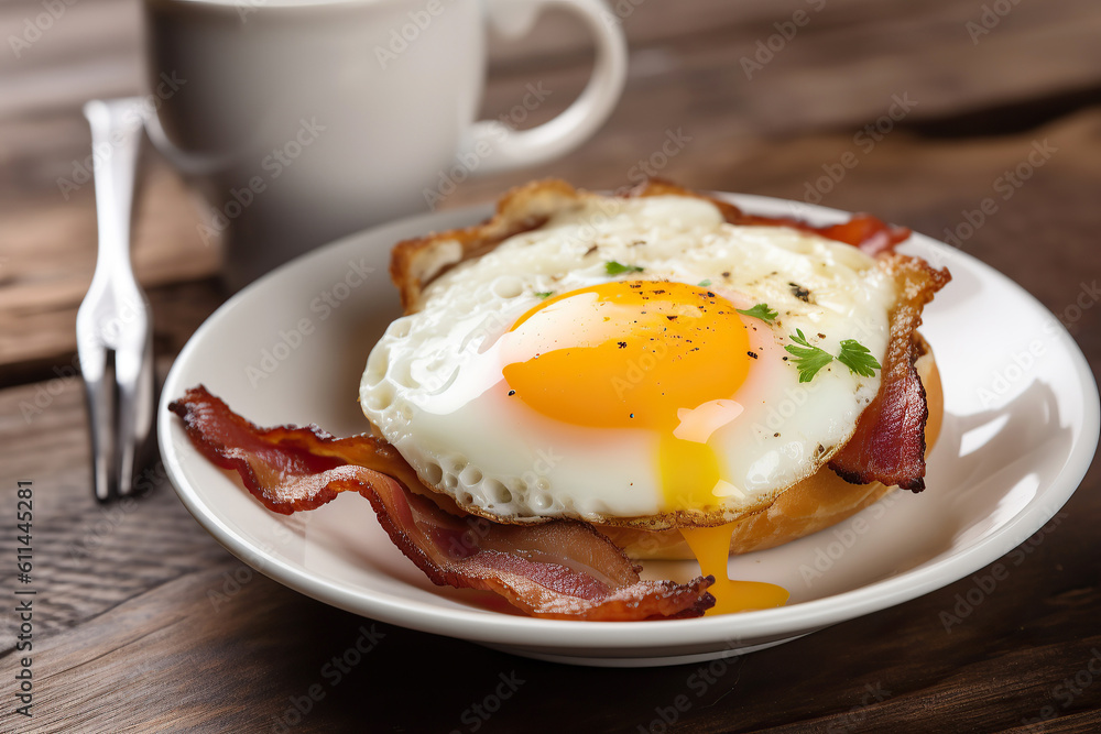 Ai generated mid American breakfast with sunny side up eggs, bacon, toast, coffee on wood background Ai generated mid American breakfast with sunny side up eggs, bacon, toast, coffee on wood background