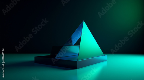 An image of a minimalist neon trapezoid with bright teal and cyan tones against a clean navy photo