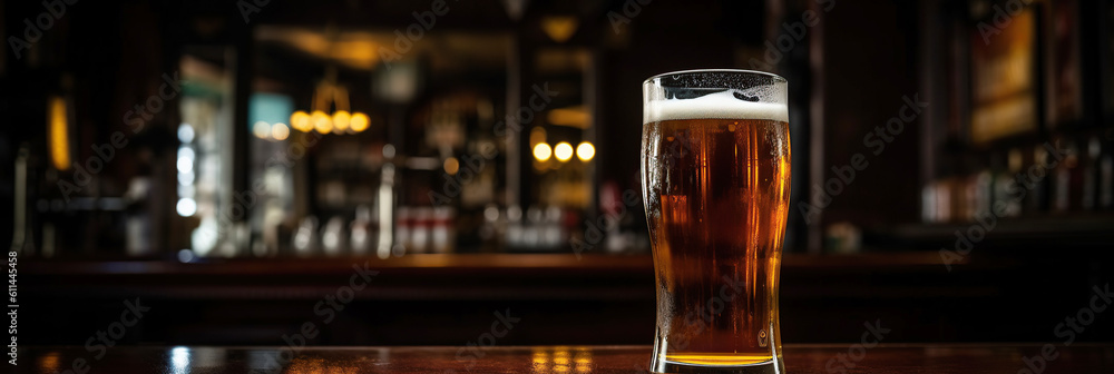 Ai generated illustration Glass of beer on wooden board and blurred bar background