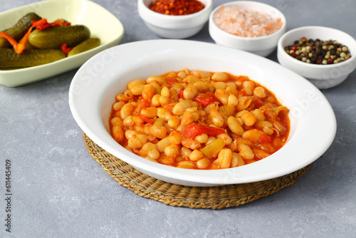 Traditional delicious Turkish foods; Dried bean (Kuru fasulye). Hot turkish bean stew with a tasty tomato sauce