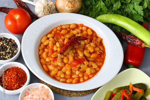 Traditional delicious Turkish foods; Dried bean (Kuru fasulye). Hot turkish bean stew with a tasty tomato sauce