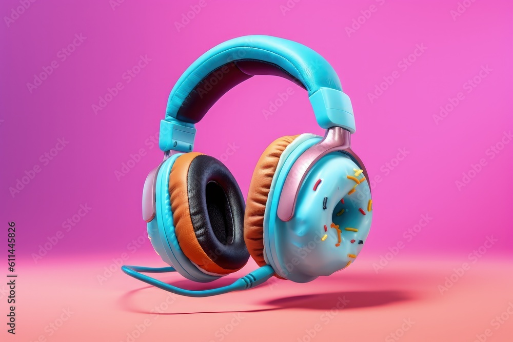 Headset and donuts on pink background, music and food concept, digital illustration. Generative AI Headset and donuts on pink background, music and food concept, digital illustration. Generative AI