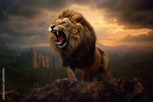 Landscape with lion roaring in African savannah, wildlife concept. Generative AI © Deivison