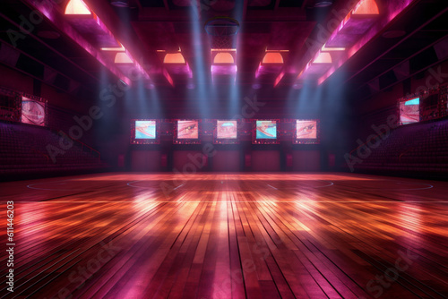 neon corridor indoor interior perspective wall game arena background basketball empty hall. Generative AI.
