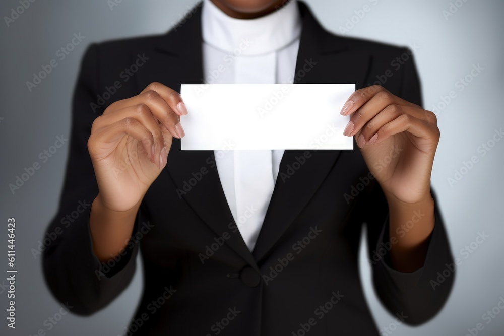 Businesswoman holding white card, space to write, business concept, white background, digital illustration. Generative AI Businesswoman holding white card, space to write, business concept, white background, digital illustration. Generative AI