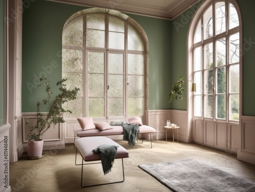 Pink and green cottage style interior room. Generative AI