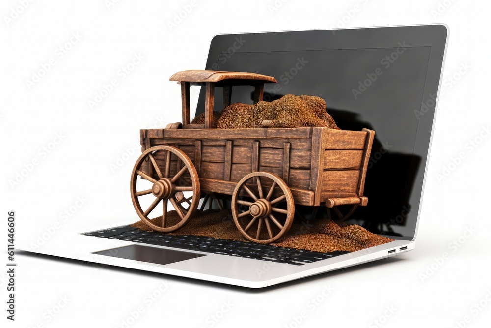 Mine cart on laptop screen, mining and cryptocurrency concept, white background. Generative AI Mine cart on laptop screen, mining and cryptocurrency concept, white background. Generative AI