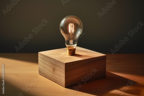 Light bulb on wooden block, ideas and creativity concept, digital illustration. Generative AI