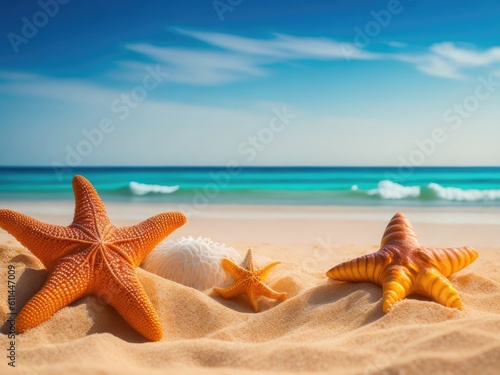 Tropical beach with sea star and seashells. ai generative
