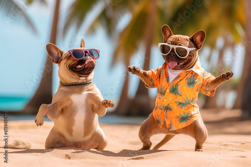 funny french bulldogs in bright clothes and sunglasses dance on their hind legs on the beach by the sea. AI generated