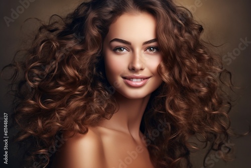 Beauty brunette girl with long shiny curly hair . Beautiful smiling woman model wavy hairstyle . Cosmetology, generative ai.
