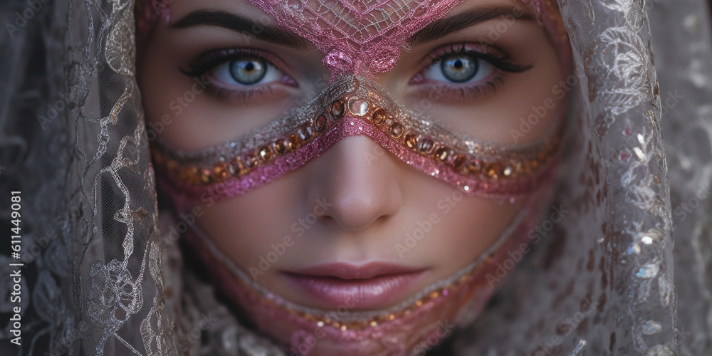 Schönes Fashion Gesicht einer Frau mit rosa Spitzenstoff im Gesicht Poster Nahaufnahme, ai generativ