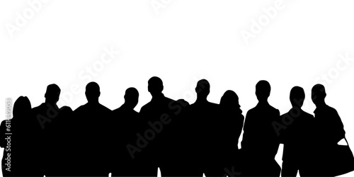 Vector silhouettes of men and a women, a group of standing and walking business people, black color isolated on white background