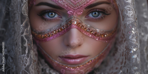 Schönes Fashion Gesicht einer Frau mit rosa Spitzenstoff im Gesicht Poster Nahaufnahme, ai generativ