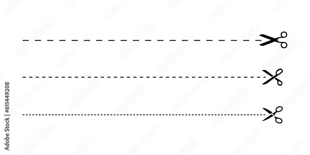 Set of scissors with cut lines. Black scissors cutting. Vector icons. Set of scissors with cut lines. Black scissors cutting. Vector icons.