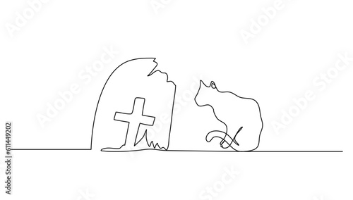 Continuous lineart gravestones and cats for Happy Halloween day celebration vector illustration