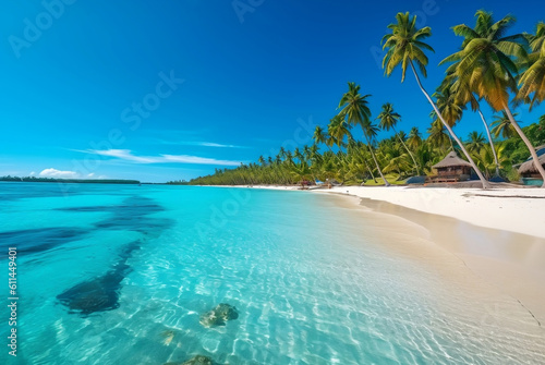 Tropical paradise beach with white sand and crystal clear blue water. Beautiful natural summer vacation holidays background. Travel tourism wide panorama background concept. digital ai art © MOUNSSIF