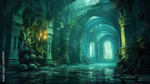 unexplored underwater world, city under water, ruins of civilization Generative AI