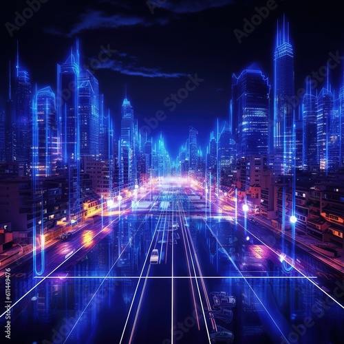 Futuristic infrastructure of a smart night city. Generative AI