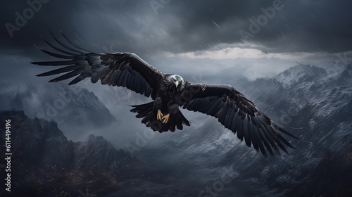 The condor is flying, photography over snowy mountains of the dark ages.Generative AI