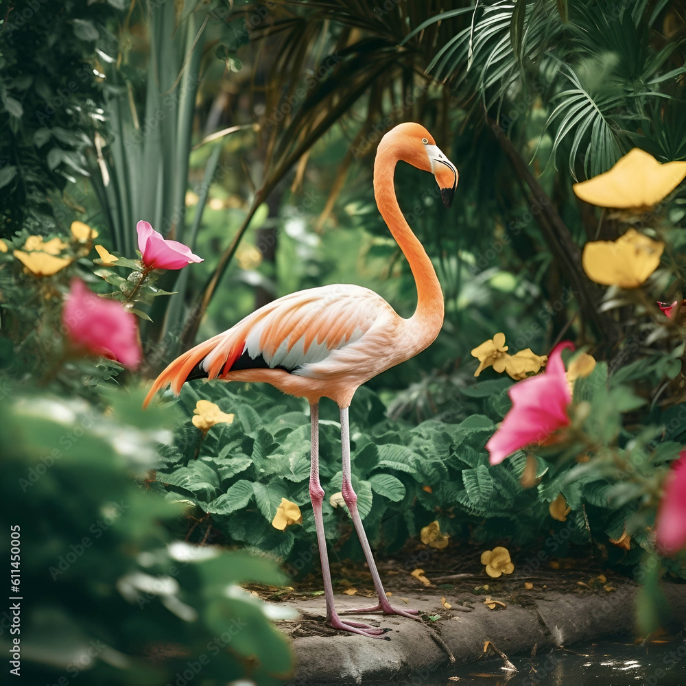Fototapeta premium Pink flamingo in garden with tropical flowers 